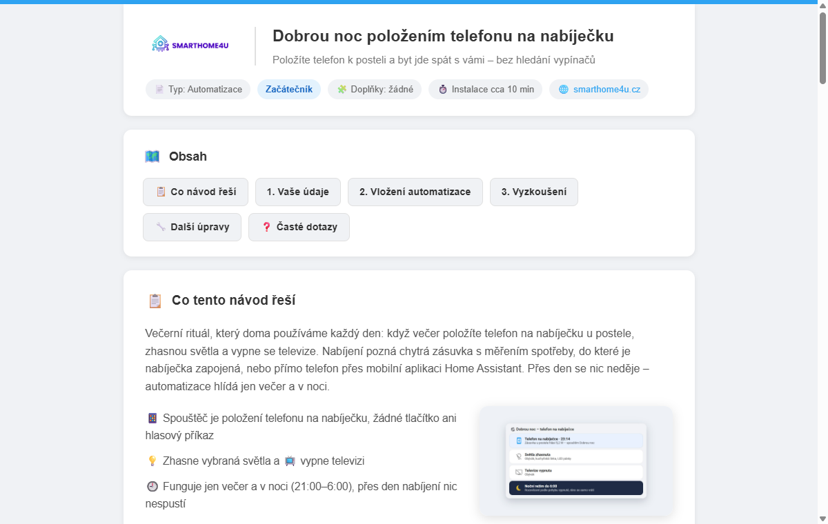 Ukázka návodu Dobrou noc položením telefonu na nabíječku