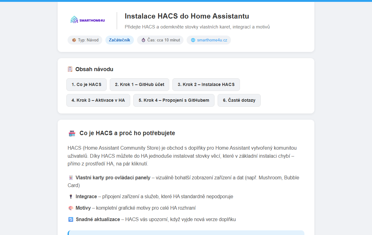 Ukázka návodu Instalace HACS