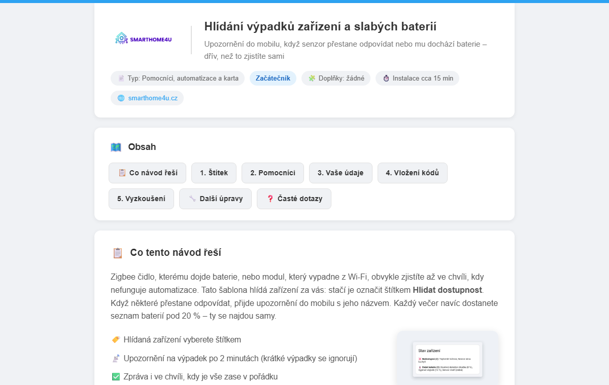 Ukázka návodu Hlídání výpadků zařízení a slabých baterií