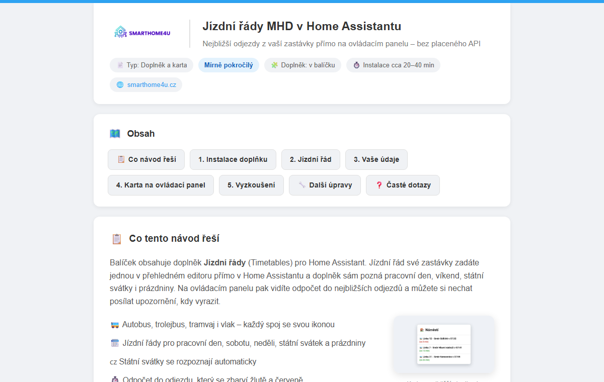 Ukázka návodu Jízdní řády MHD – doplněk pro Home Assistant
