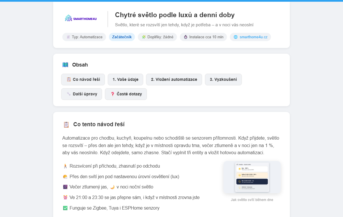 Ukázka návodu Chytré světlo podle luxů a denní doby